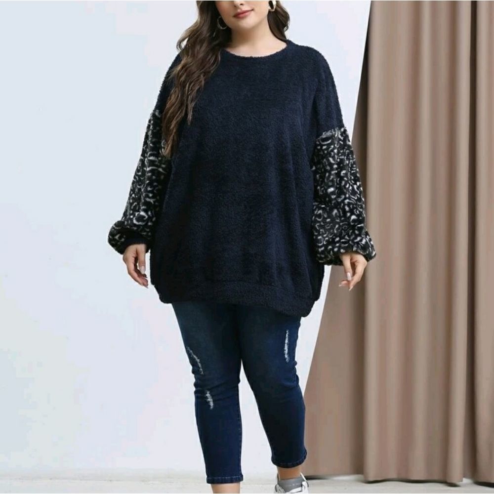Plus Leopard Pattern Drop Shoulder Flannel Pullover - Picture 5 of 9